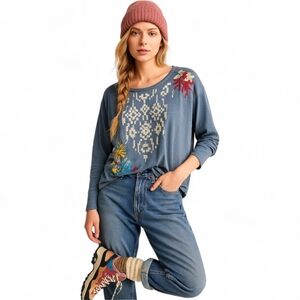 Johnny‎ Was BIYA Boho Embroidered Knit Slouch Top Shirt Raw Hem Sz S